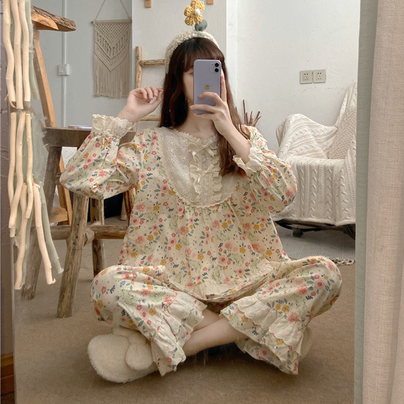 3107秋季2020年新款甜美可愛洋氣寬鬆碎花長袖睡衣睡褲女家居服套裝潮
